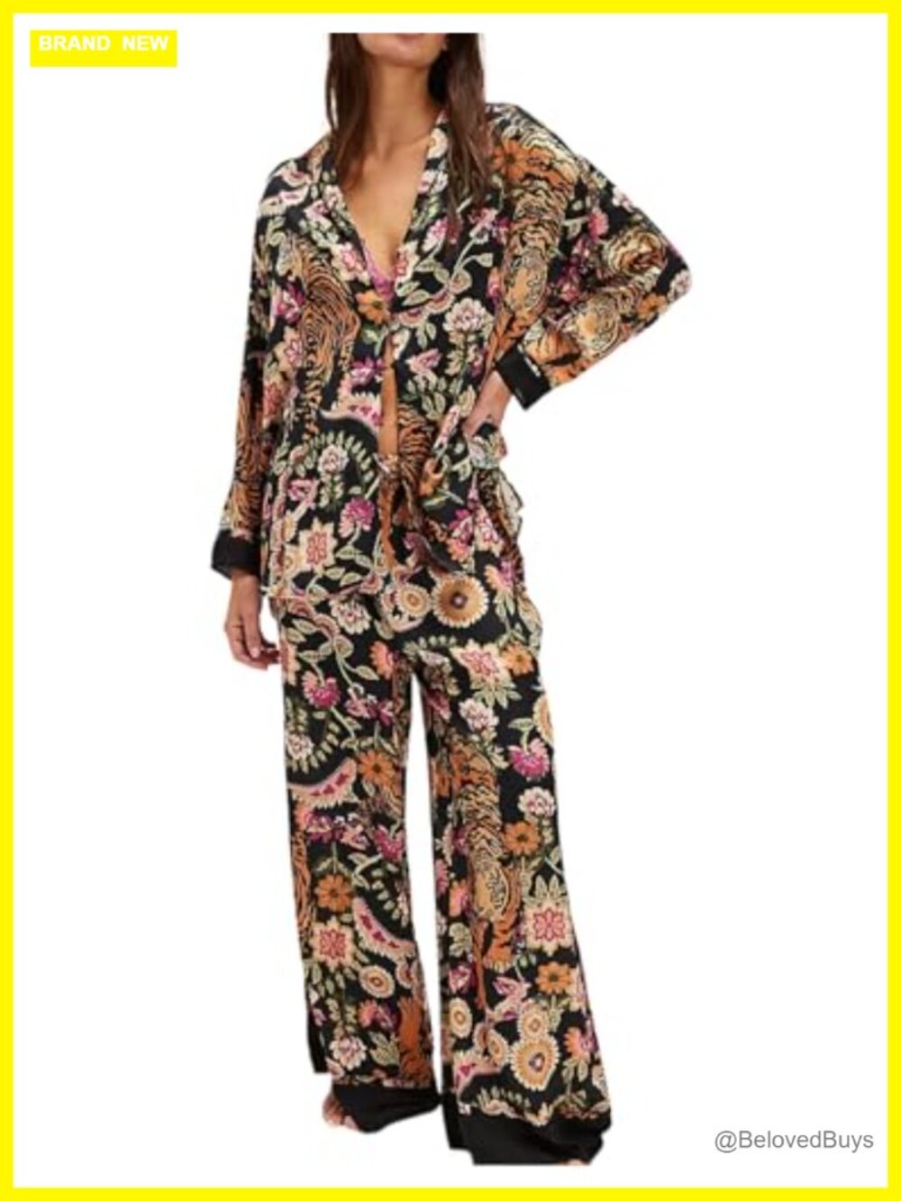 Satin Pajama Set Women Long Sleeve Button Down Floral Pj Lounge Sleepwear